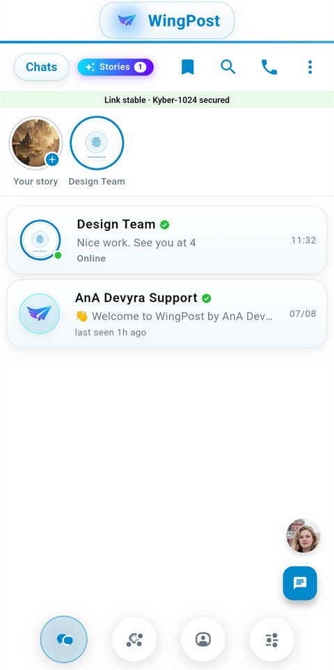 WingPost chat list with a post-quantum secured link indicator