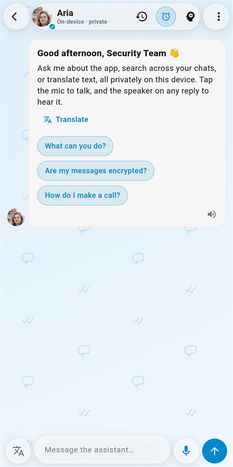 Aria, the in-app assistant, marked on-device and private