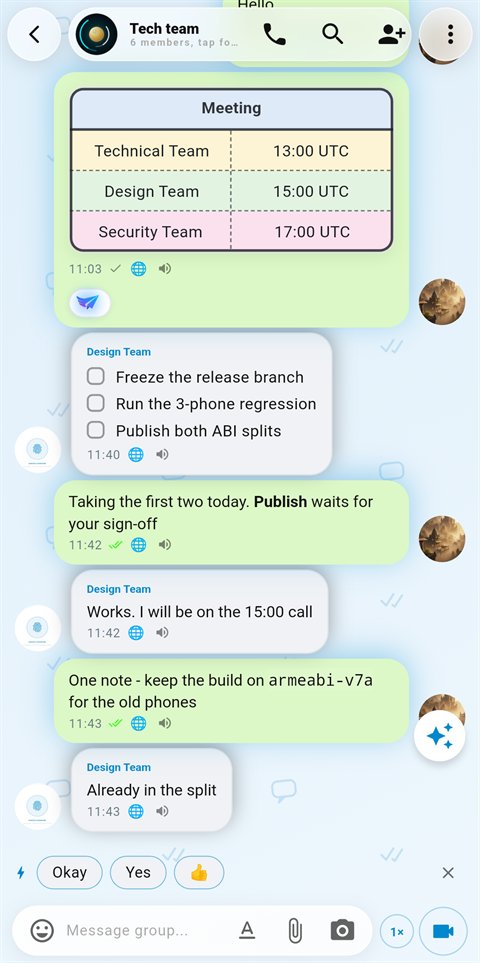 A group chat containing a filled-in table and a checklist