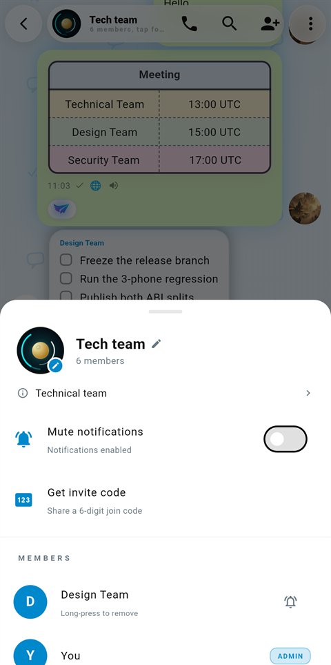 A group's details sheet showing members and its invite code