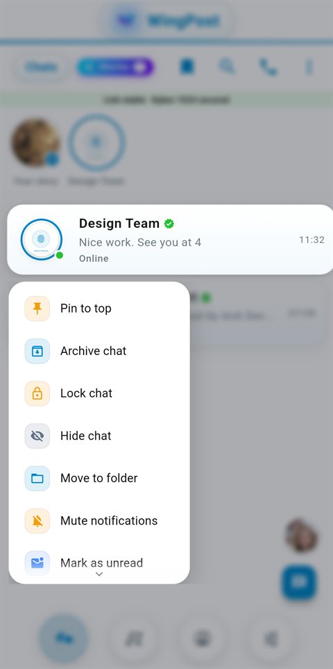 Long-press menu offering pin, archive, lock, hide and mute for a chat
